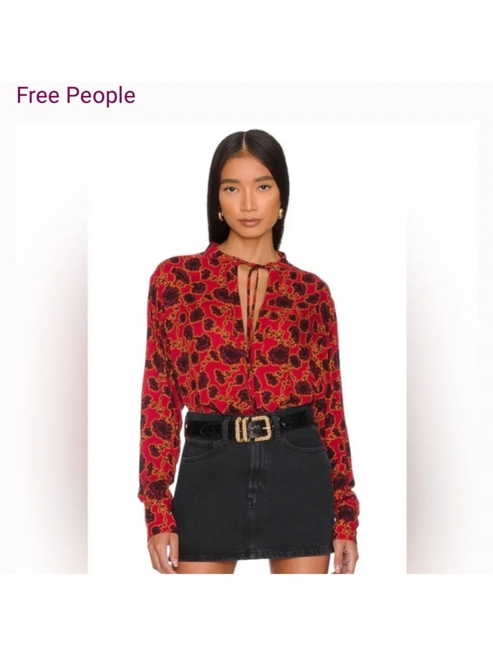 Free People Mia Tunic Top Blouse Floral Red Black Boho Romantic Whimsigoth S